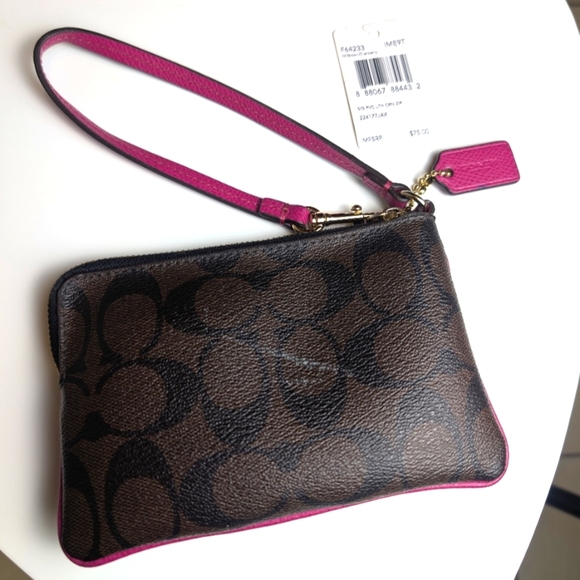 Coach Signature Brown & Fuchsia Zip Wristlet Clutch - Picture 3 of 6